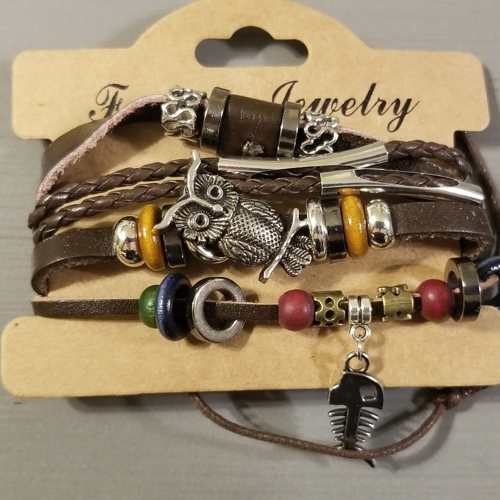 Brown Leather Bracelet with Owl Charm